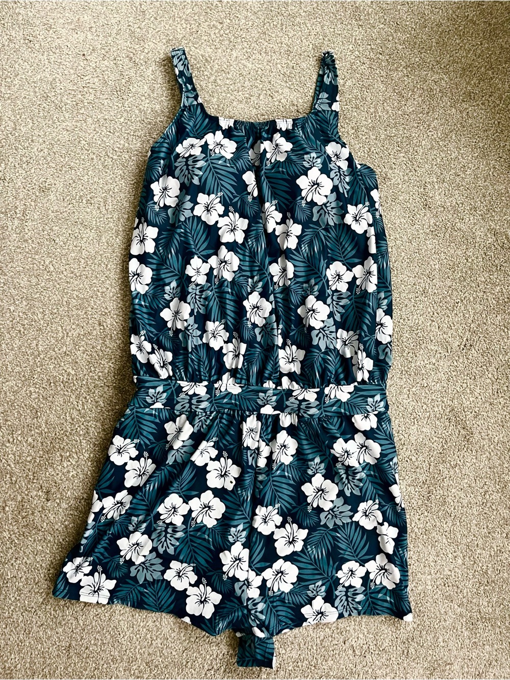 NWT Bloomchic Teal and White Hibiscus Swim Romper Size 18/20